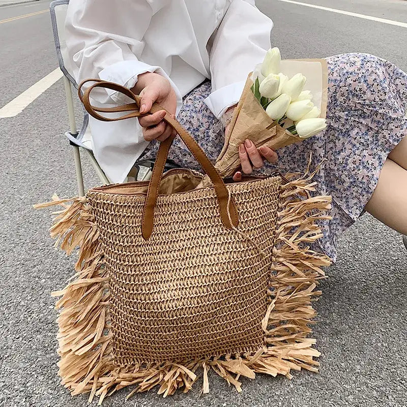 EcoChic Boho Tassel Tote Large Capacity Straw Shoulder Bag for Summer Adventures