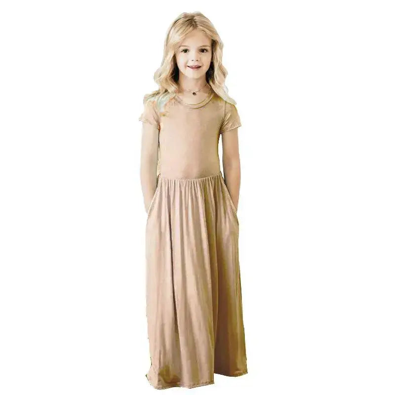 Girls New Solid Color Short Sleeved Long Dress Beach Party Birthday Casual Fashion Show Versatile A-Line Dress