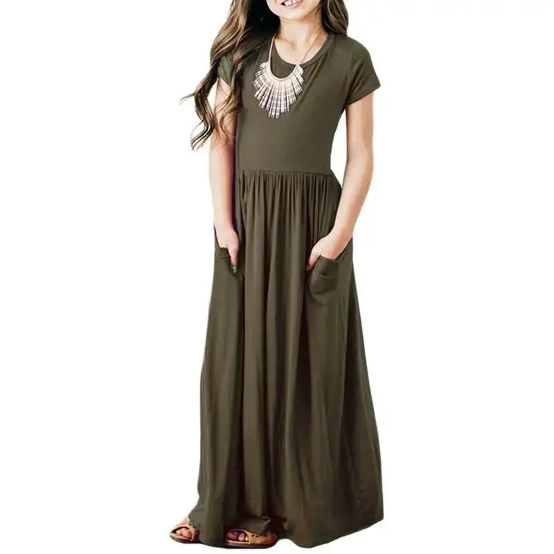 Girls New Solid Color Short Sleeved Long Dress Beach Party Birthday Casual Fashion Show Versatile A-Line Dress