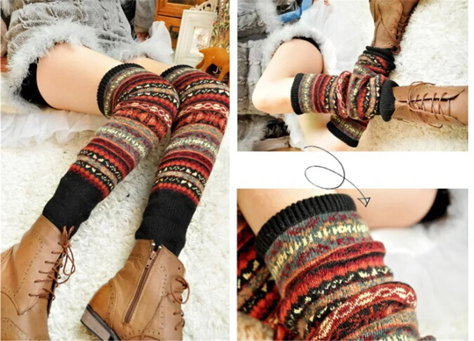 Boho Winter Over Knee Long Knit Cover Crochet Women Leg Warmers Legging Warm Striped Christmas Legwarmers