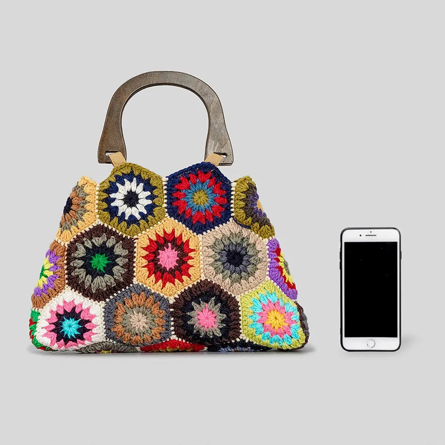 Fashion Square Crochet Bag - Hippie Classic Handmade Flower Weaving, Colorful Boho Chic Shoulder Tote for Winter