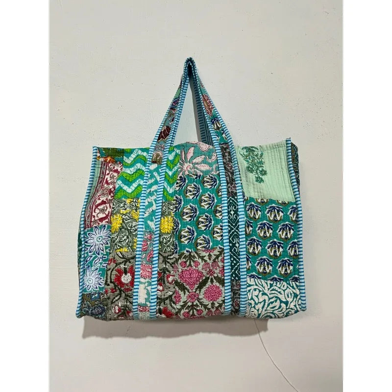 Handmade Indian Turquoise Patchwork Quilted Shoulder Bag – Women’s Cotton Tote Bag