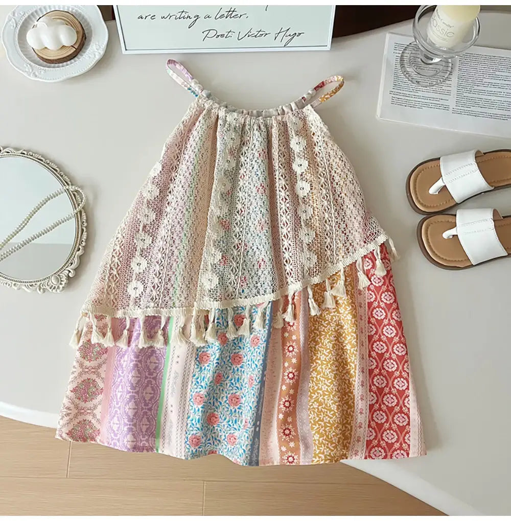 2-8Y Kids Girls Dress Boho Style Print Sleeveless Hallow Out Tassel Dresses Children Clothes Baby Girl Beach Dress