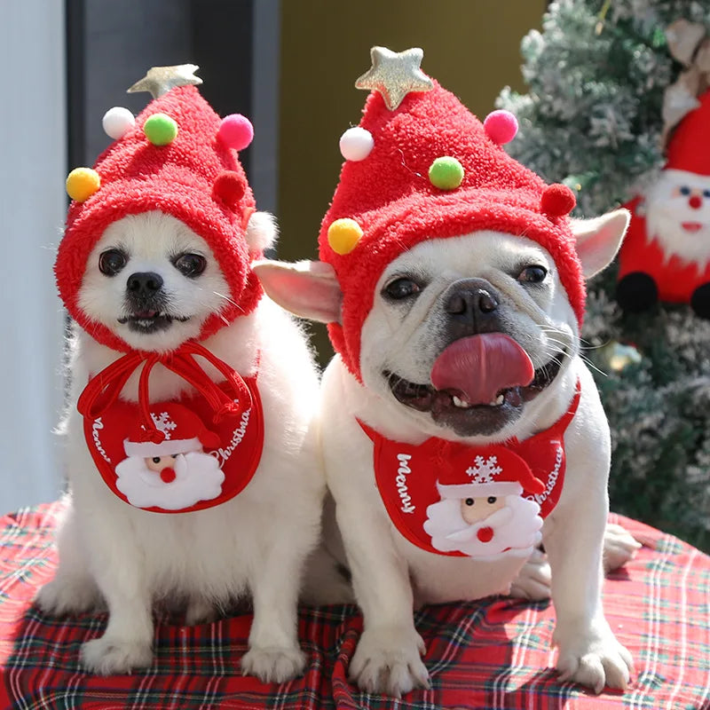 Christmas Pet Hat with Cartoon Antlers & Saliva Towel - Festive Scarf Accessory for Cats & Dogs, Autumn & Winter Dress-Up Supplies