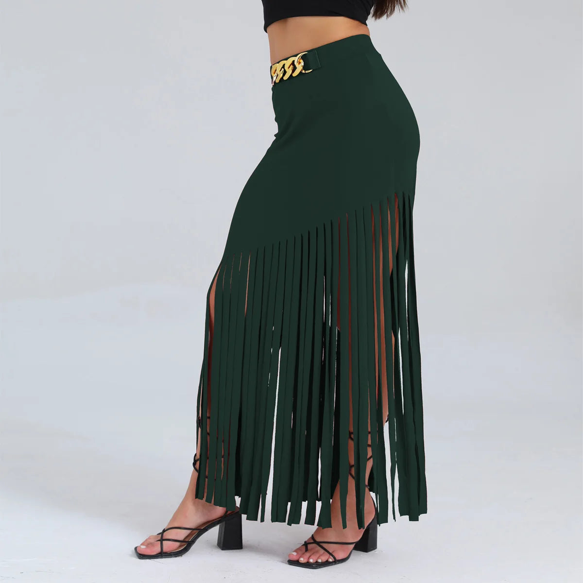 Women's Fringe Bodycon Maxi Skirt - High Waist Tassel Chain Black Long Skirt for Elegant Evening Wear