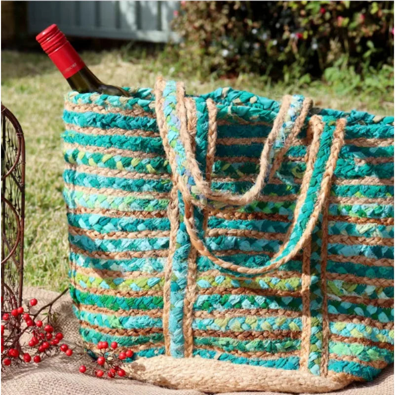 Boho Handmade Natural Jute Cotton Tote Bag – Versatile Shopping, Vacation, and Beach Handbag