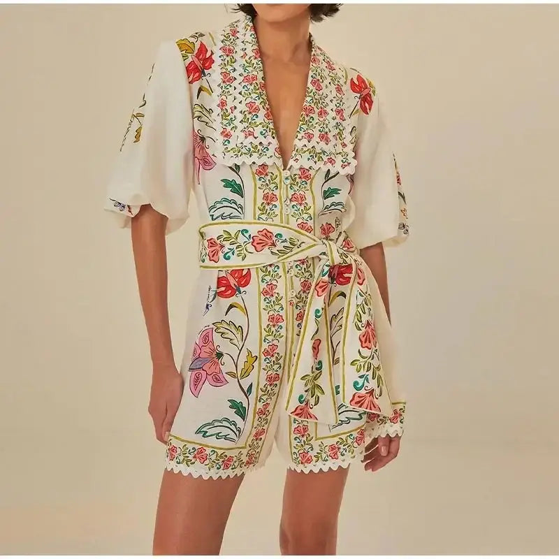 Women Fashion Printed Lace-up Jumpsuit Casual V-neck Puff Short Sleeve High-waist Romper 2024 Summer Lady Elegant