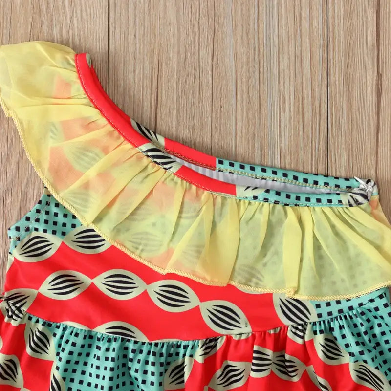 Bohemian Bliss Vibrant Curled Shoulder Summer Dress for Girls Boutique Wear for the Stylish Eco Mom