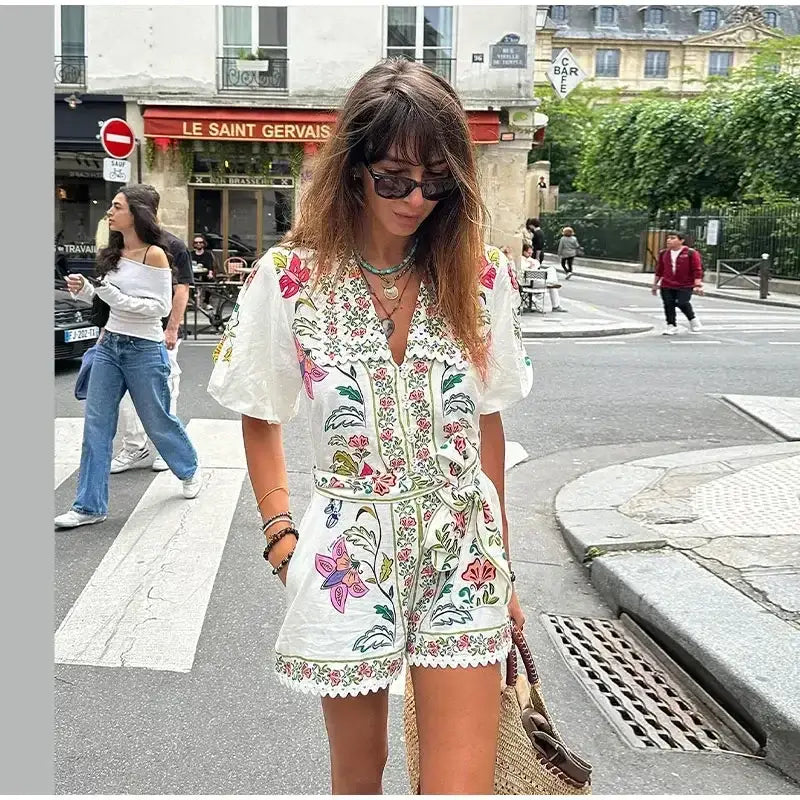 Women Fashion Printed Lace-up Jumpsuit Casual V-neck Puff Short Sleeve High-waist Romper 2024 Summer Lady Elegant