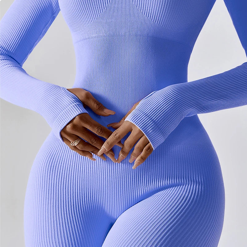 Women's Ribbed Long Sleeve Yoga Jumpsuit - One-Piece Square Neck Workout Bodysuit for Gym & Sportswear