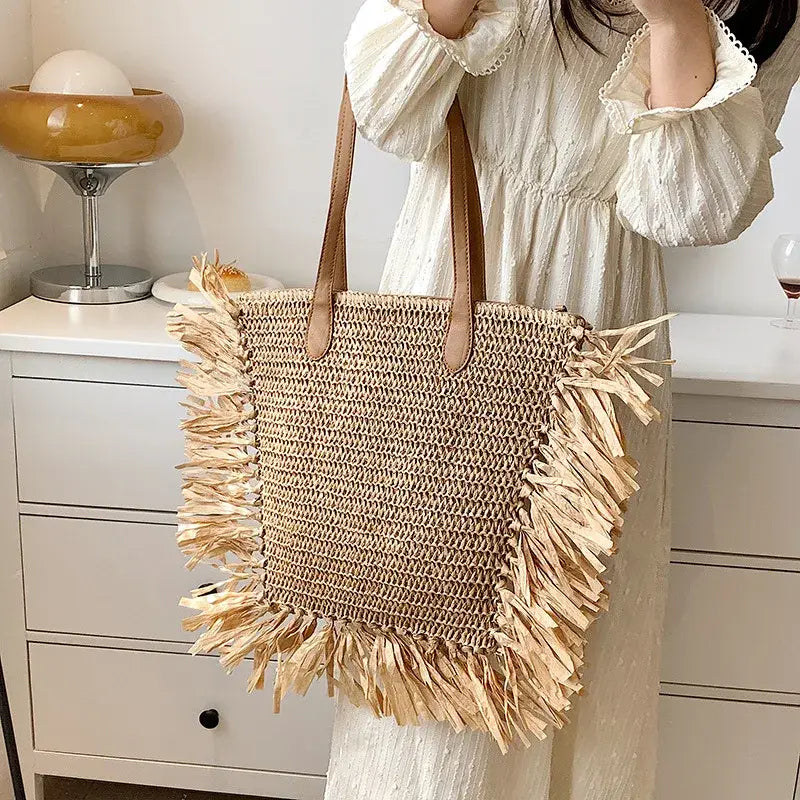 EcoChic Boho Tassel Tote Large Capacity Straw Shoulder Bag for Summer Adventures