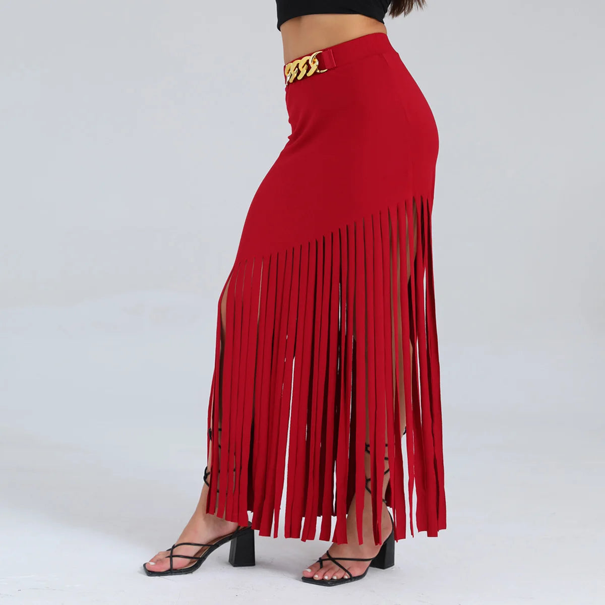 Women's Fringe Bodycon Maxi Skirt - High Waist Tassel Chain Black Long Skirt for Elegant Evening Wear