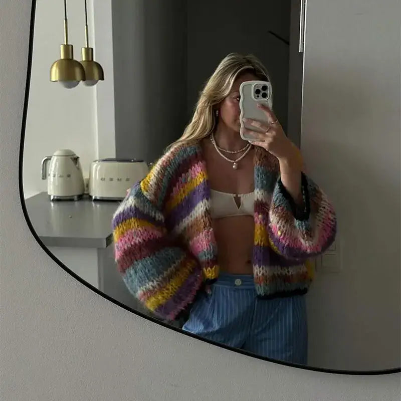 Boho Colorful Stripes Loose Cardigan Fashion Puff Long Sleeves Short Knitted Sweater Autumn Chic Lady Vacation Eco