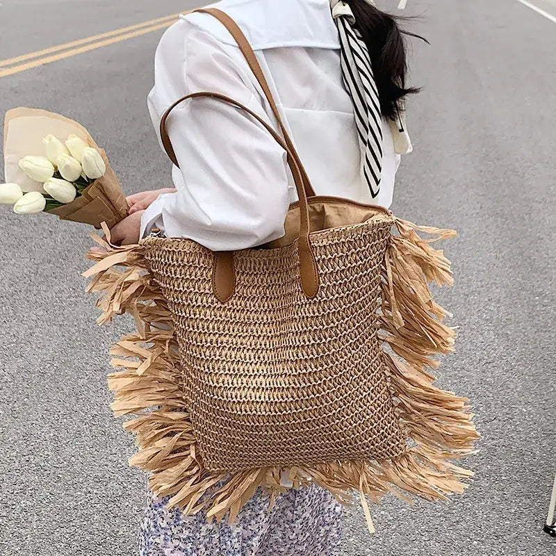 EcoChic Boho Tassel Tote Large Capacity Straw Shoulder Bag for Summer Adventures