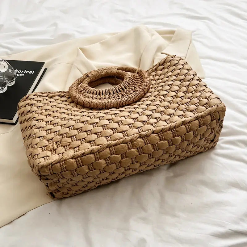 Boho Straw Bag Women Summer Handbag Half Moon Shape Rattan Woven Shopper Bag Large Capacity Beach Bag Vacation Tote Bag