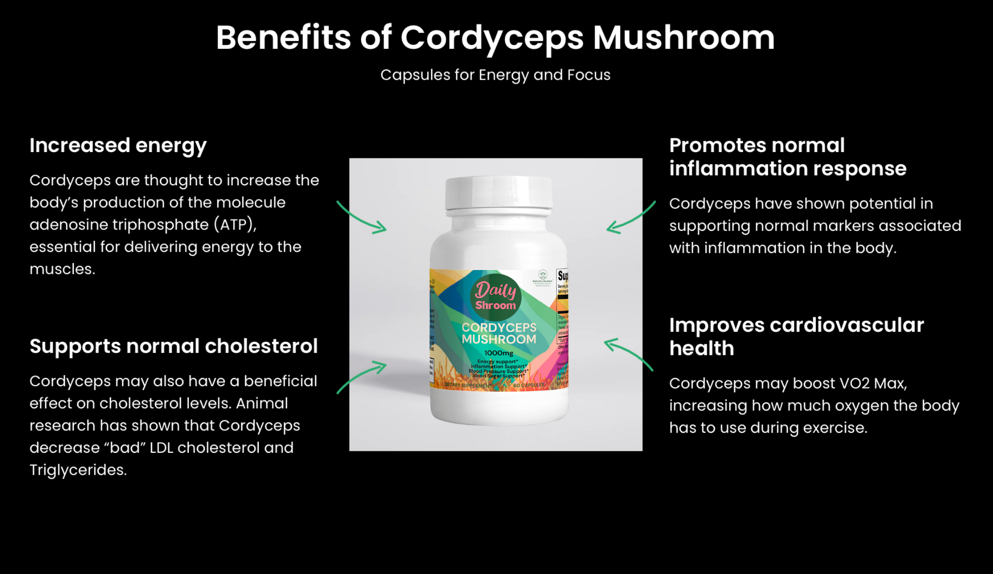 Daily Shroom by Boho Eco Boutique | Premium Cordyceps Mushroom Capsules |Natural Energy, Stamina & Immune Support – Vegan, Non-GMO, Adaptogenic Supplement for Performance & Endurance – 60 Count