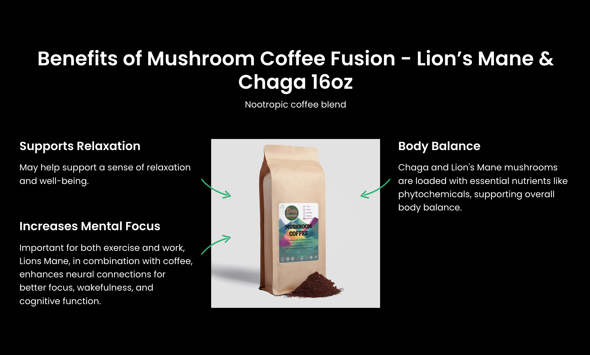 Daily Shroom Organic Mushroom Coffee Fusion - 100% Natural, Non-GMO, Lion’s Mane & Chaga Blend for Focus, Energy & Immune Support - 16oz | Brain Health Coffee | Focus & Energy Booster | Adaptogenic Coffee | Nootropic Mushrooms