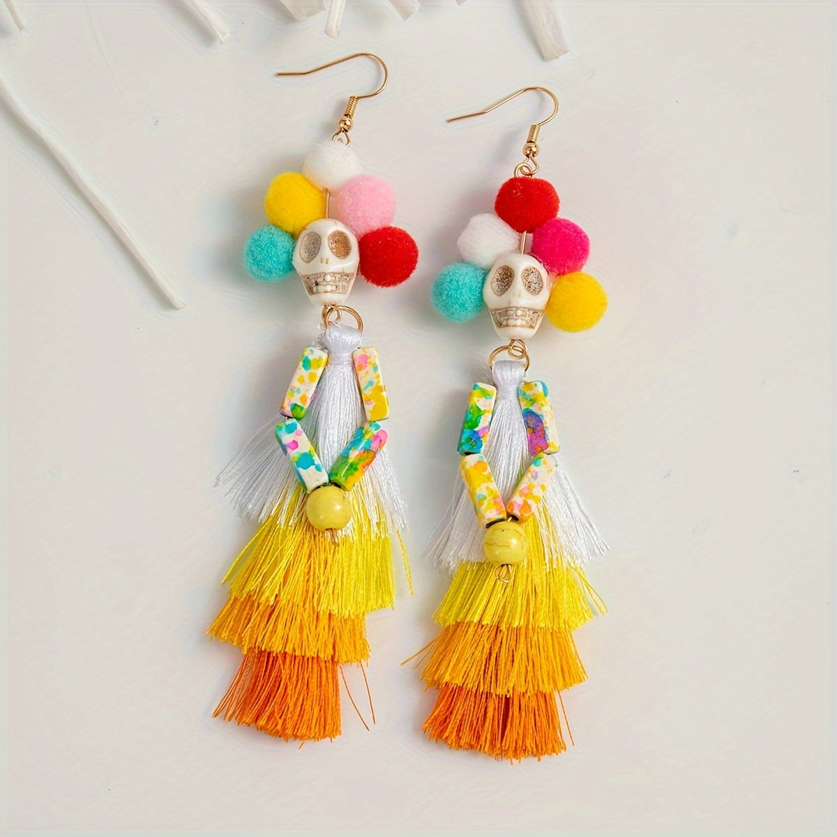 Colorful Pom-Pom Skull Dangle Earrings - Polyester Fiber with Iron Post, Perfect for Halloween & Fashionable Gifts