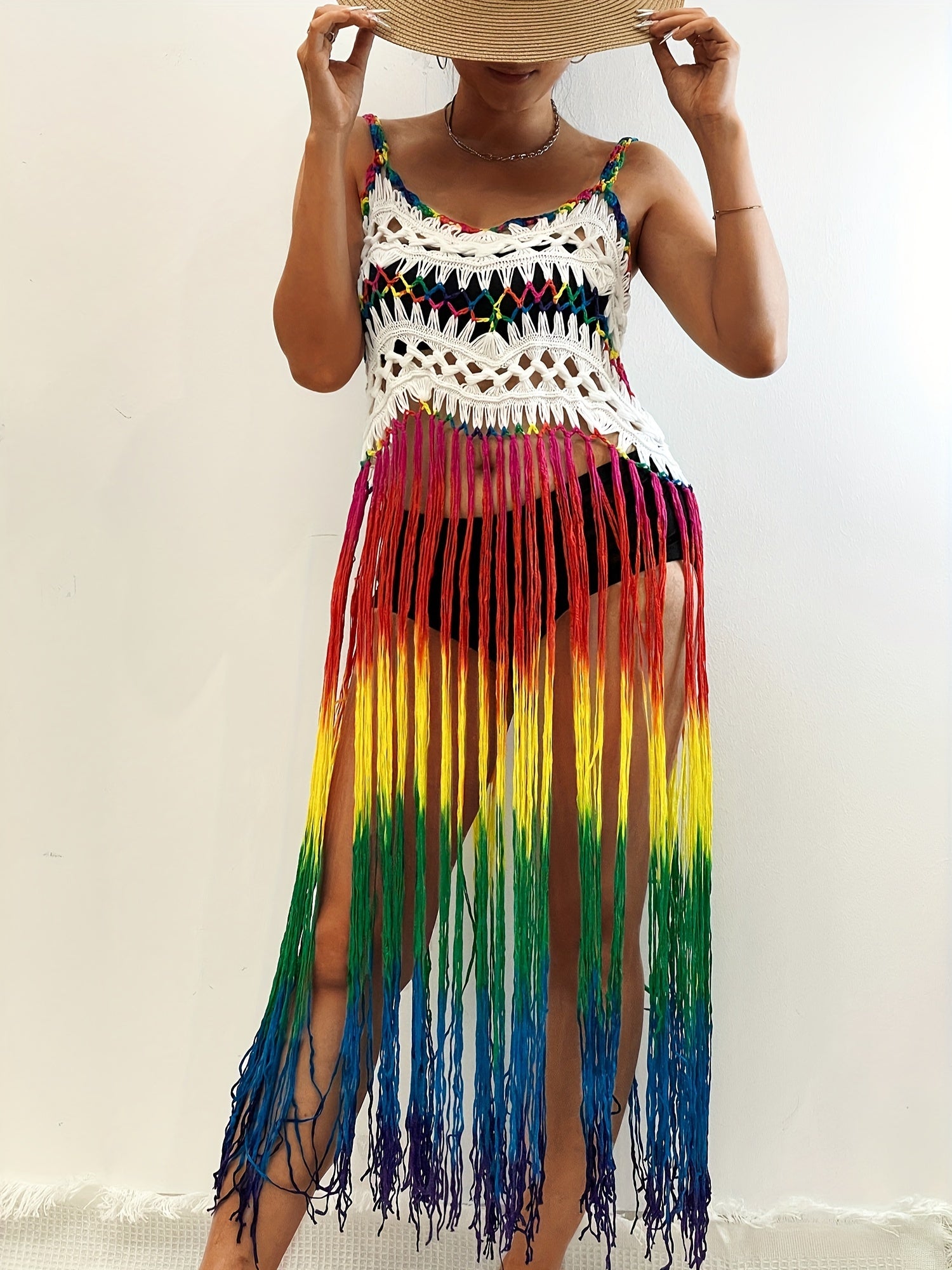 Rainbow Color Tassel Trim Cami Dress - Bohemian-Inspired Sleeveless V-Neck Cover-Up, Perfect for Spring and Summer