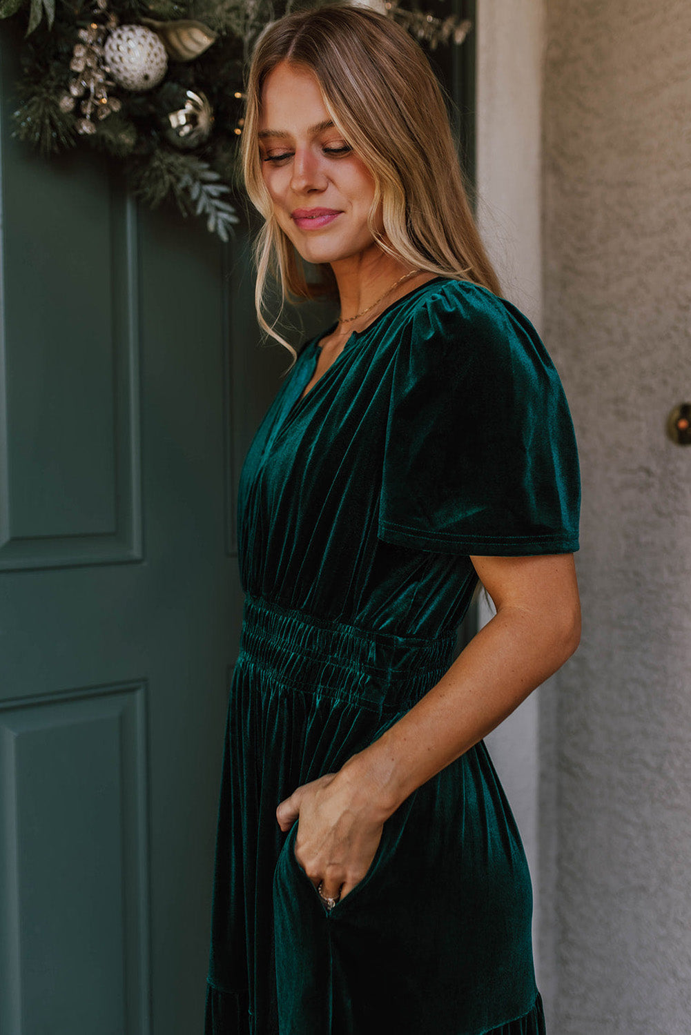 Evergreen Velvet Maxi Dress with Puff Short Sleeves and Smocked Waist - Elegant Tiered Design for Formal Events and Special Occasions