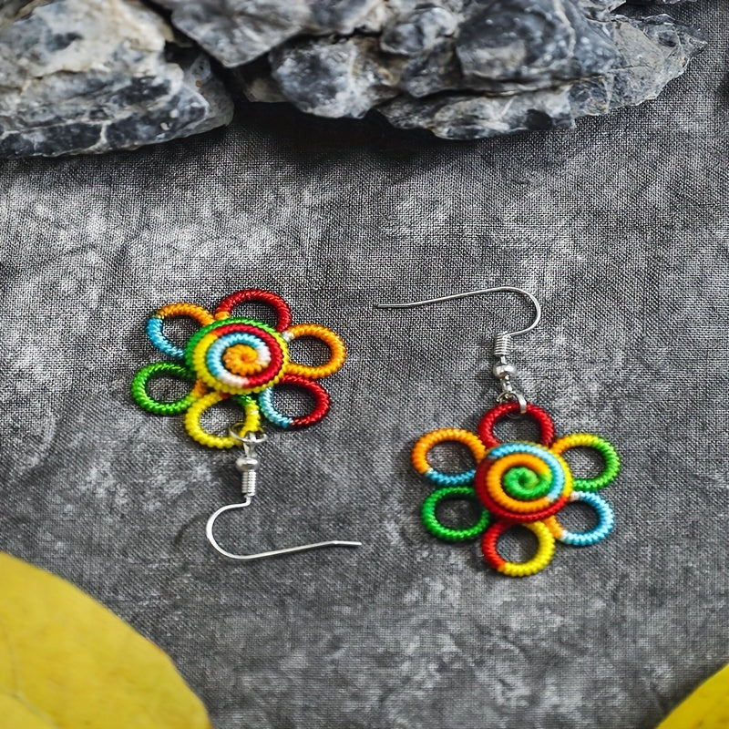 Boho Handcrafted Rainbow Flower Pendant Earrings - Colorful Polyester Bohemian Style, Hypoallergenic Hooks, Perfect for All Occasions