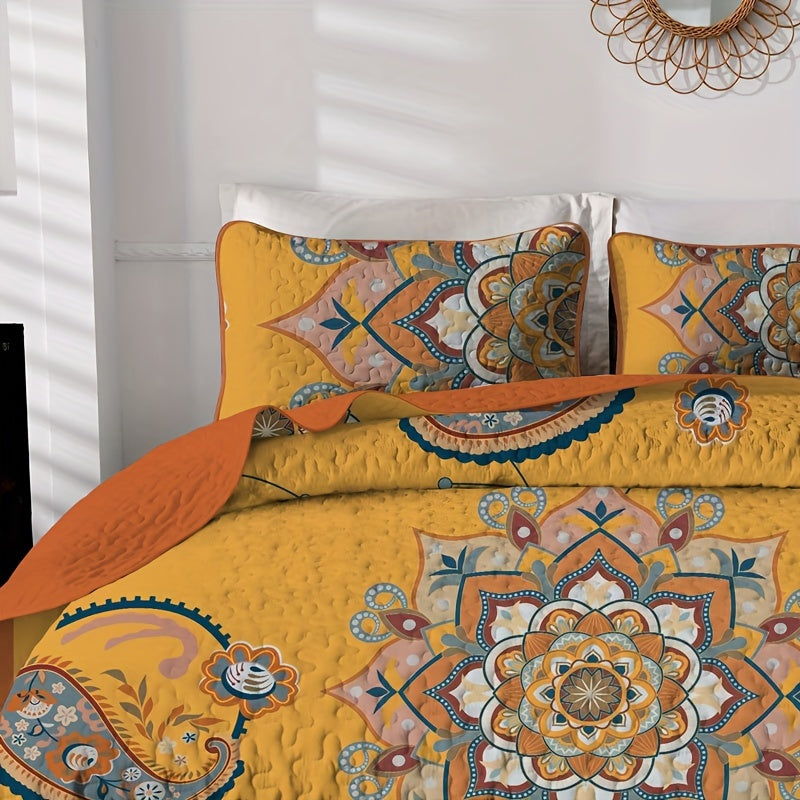 Bohemian Paisley Floral Comforter Set - Soft, Breathable, Machine Washable Polyester Coverlet with Quilt & 2 Pillowcases (No Fillers)