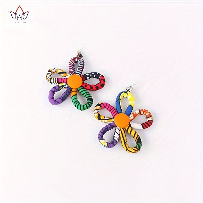 Bohemian Style Flower Dangle Earrings - Colorful Print Cotton Rope with Stainless Steel Hooks, Perfect for Festive Occasions & Everyday Chic