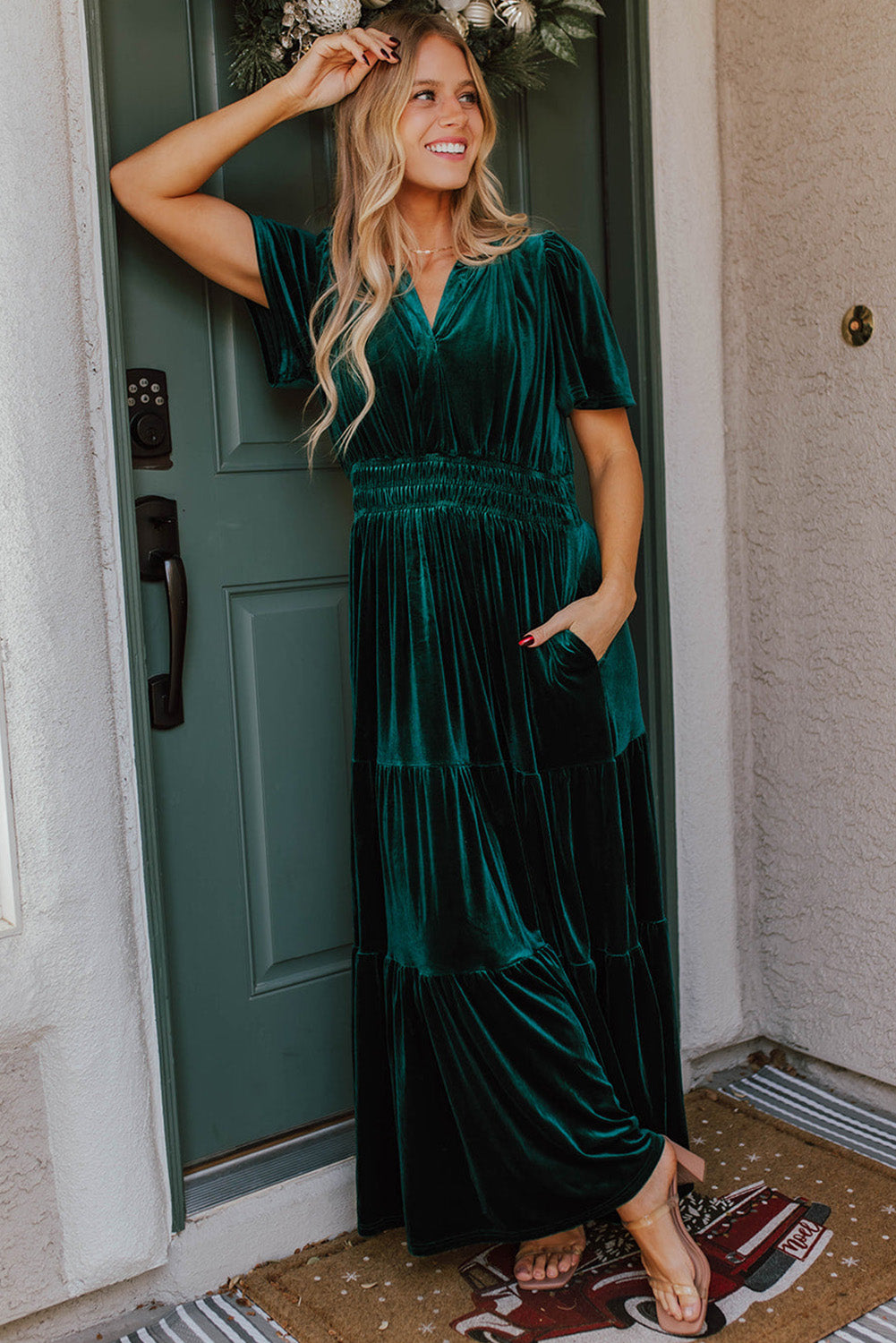 Evergreen Velvet Maxi Dress with Puff Short Sleeves and Smocked Waist - Elegant Tiered Design for Formal Events and Special Occasions