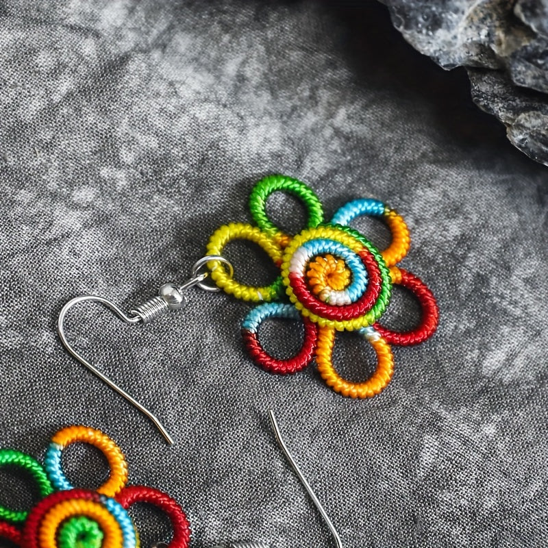 Boho Handcrafted Rainbow Flower Pendant Earrings - Colorful Polyester Bohemian Style, Hypoallergenic Hooks, Perfect for All Occasions