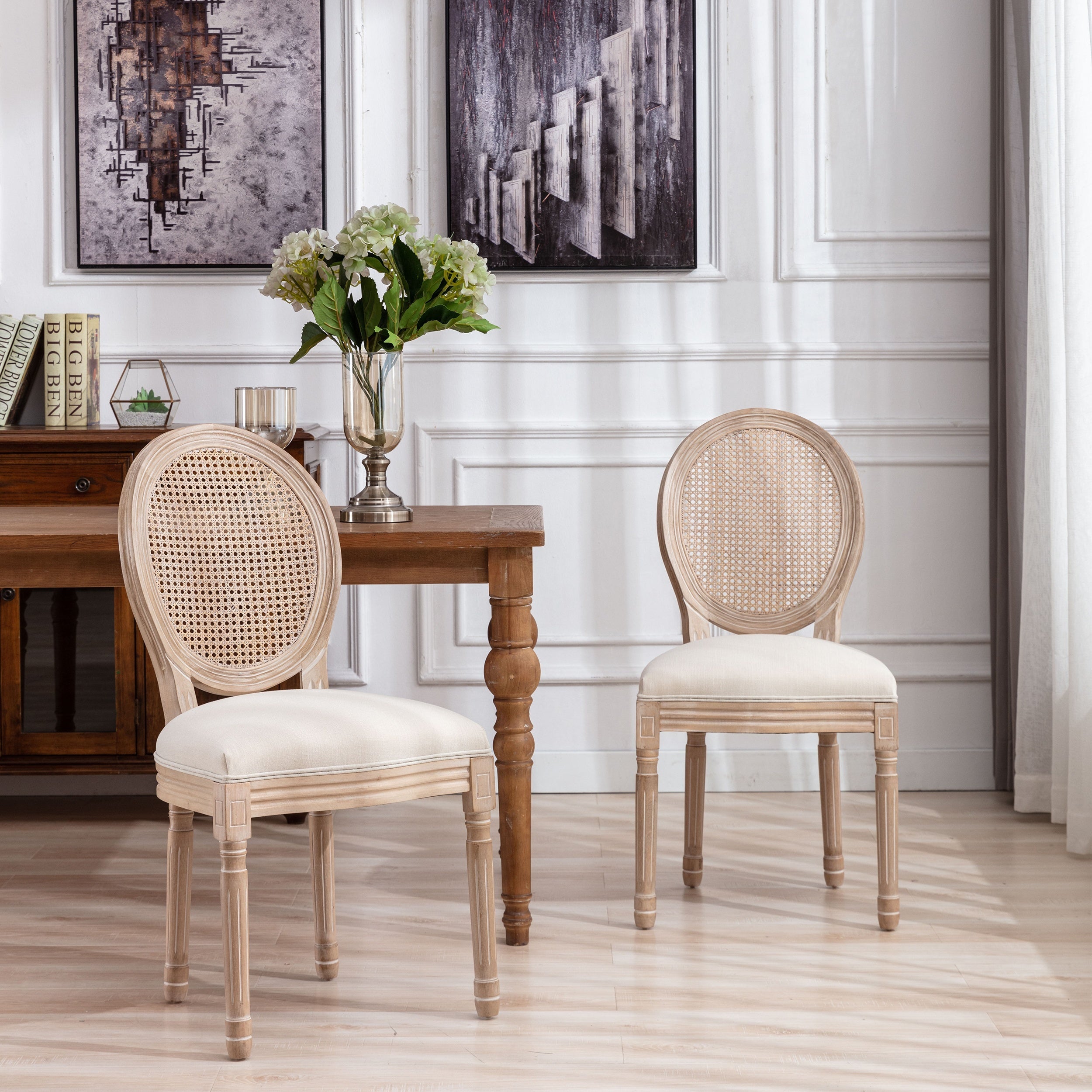 Set of 2 Cream-Colored French-Style Dining Chairs - Solid Wood Frame, Linen Seat & Rattan Back - Durable & Elegant Indoor/Outdoor Seating