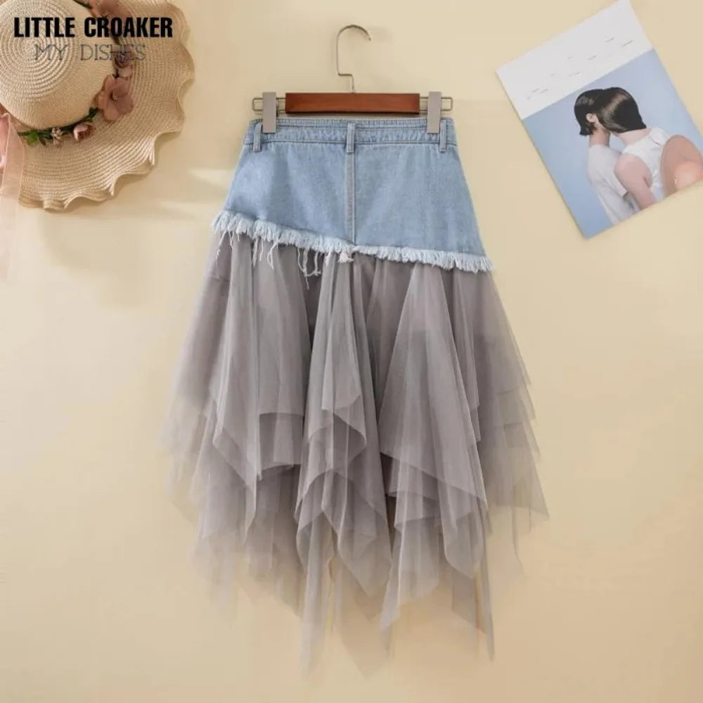 Asymmetrical Denim Jeans Tulle Skirts Womens High Waist Long Mesh Tutu Tassel Pleated Midi Skirt with Pockets Belt