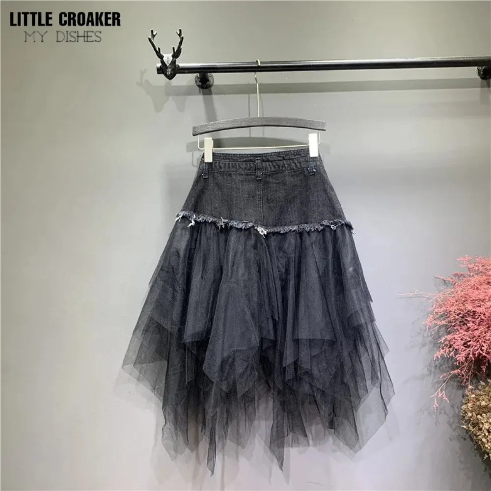 Asymmetrical Denim Jeans Tulle Skirts Womens High Waist Long Mesh Tutu Tassel Pleated Midi Skirt with Pockets Belt