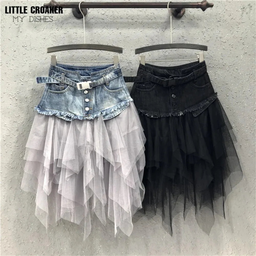 Asymmetrical Denim Jeans Tulle Skirts Womens High Waist Long Mesh Tutu Tassel Pleated Midi Skirt with Pockets Belt