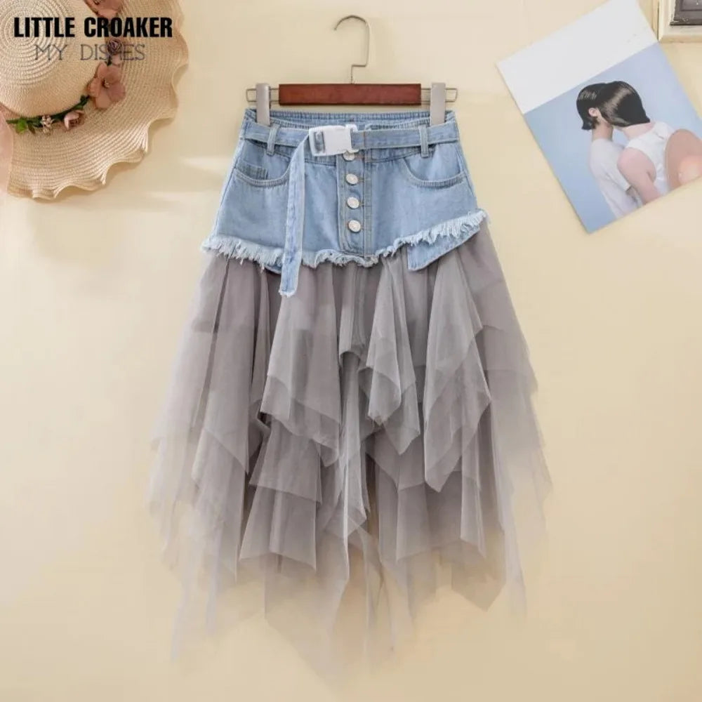 Asymmetrical Denim Jeans Tulle Skirts Womens High Waist Long Mesh Tutu Tassel Pleated Midi Skirt with Pockets Belt