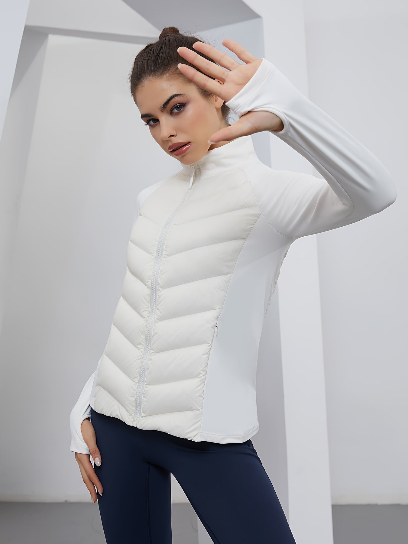 Women's Down Jacket with Stand Neck & Full-Zip Closure - Warm, Stylish Design with Thumbhole Cuffs