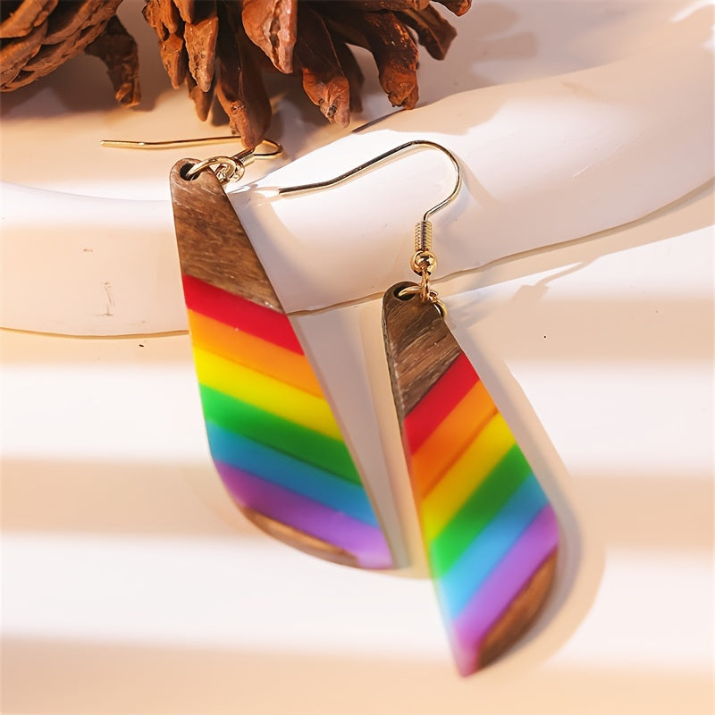 Boho-Chic Rainbow Knife Wood & Resin Dangle Earrings - Nickel-Free Copper Hooks, Perfect for Everyday Glam & Parties