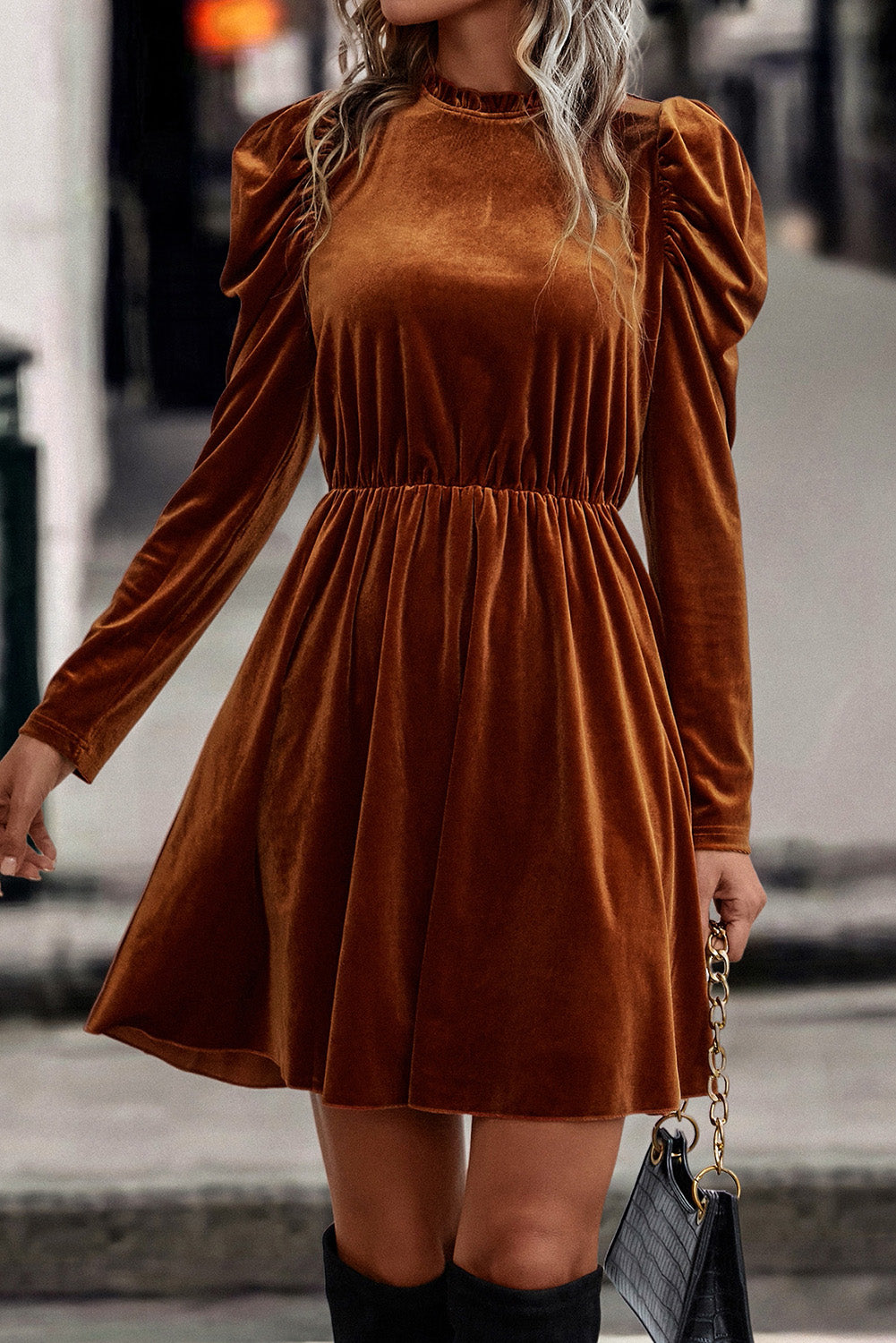 Elegant Chestnut Velvet Swing Dress with Frilled Neck and Gigot Sleeves - Perfect for Autumn Events and Holiday Gatherings