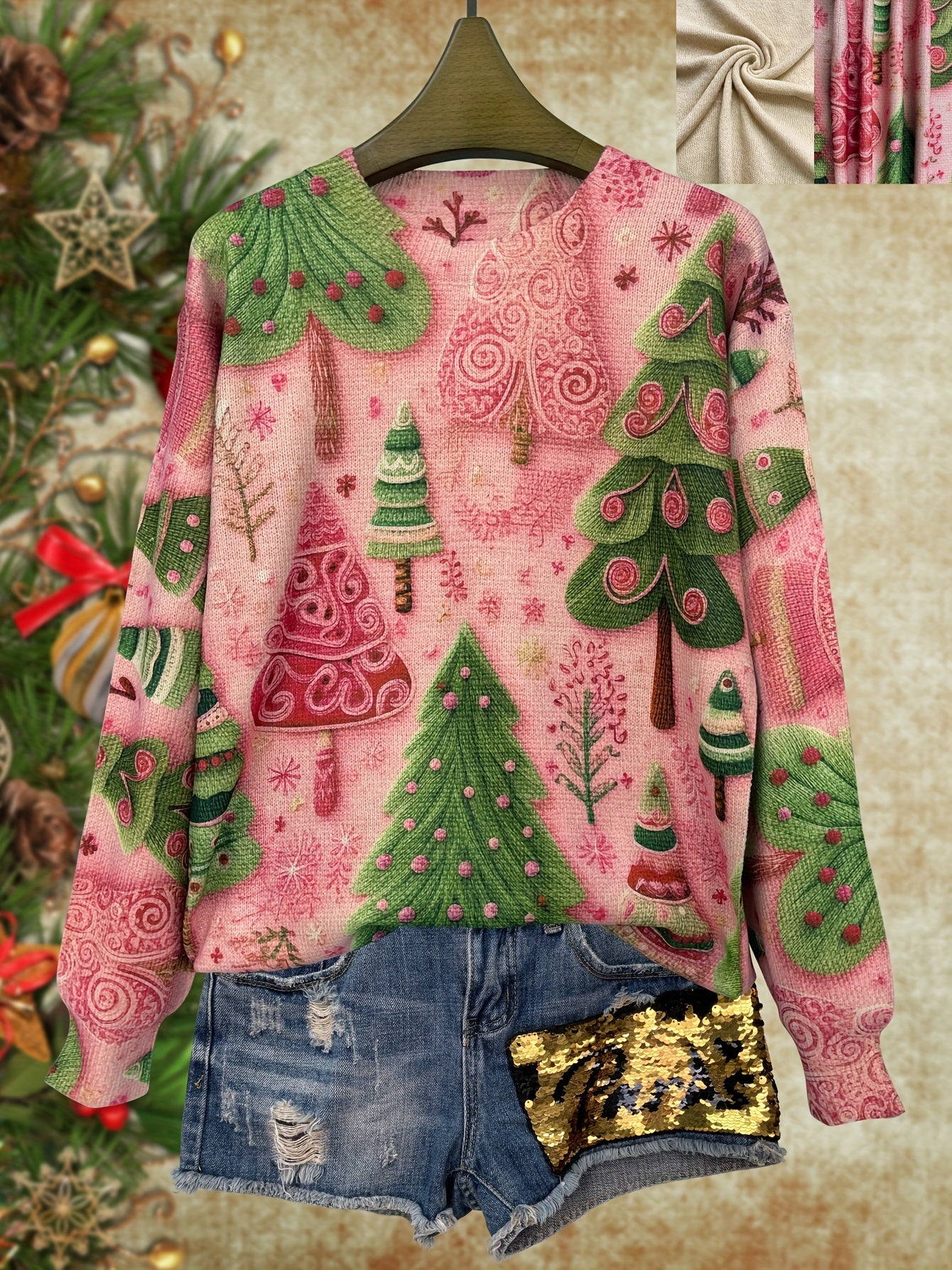 Women's Lightweight Christmas Tree Print Sweater - Casual Long Sleeve Crew Neck Knit Pullover for the Holiday Season