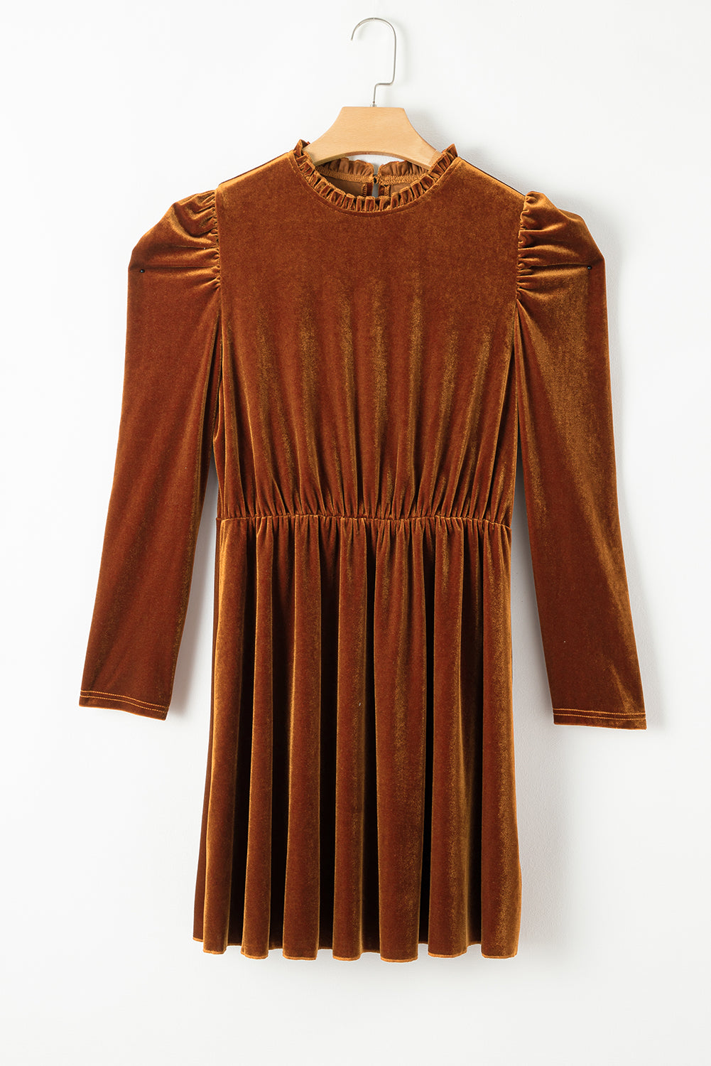 Elegant Chestnut Velvet Swing Dress with Frilled Neck and Gigot Sleeves - Perfect for Autumn Events and Holiday Gatherings