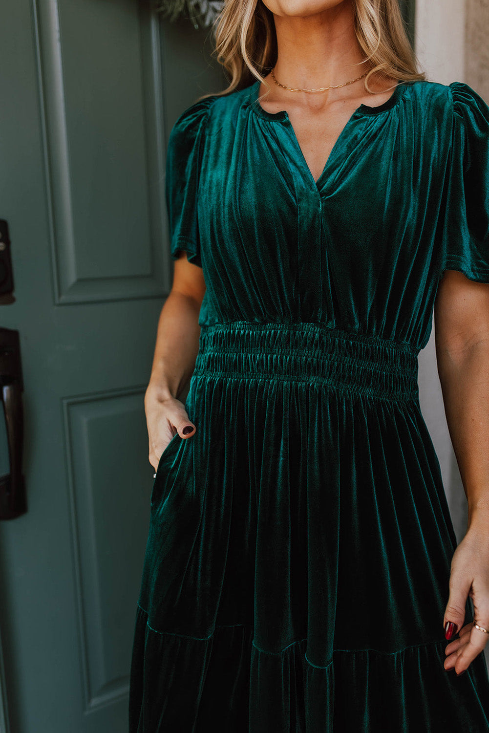 Evergreen Velvet Maxi Dress with Puff Short Sleeves and Smocked Waist - Elegant Tiered Design for Formal Events and Special Occasions