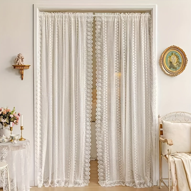 1 Panel Luxury Vintage French Lace Tulle Curtain with Geometric Hollow Pattern – Romantic Sheer Drapery for Living Room & Bedroom