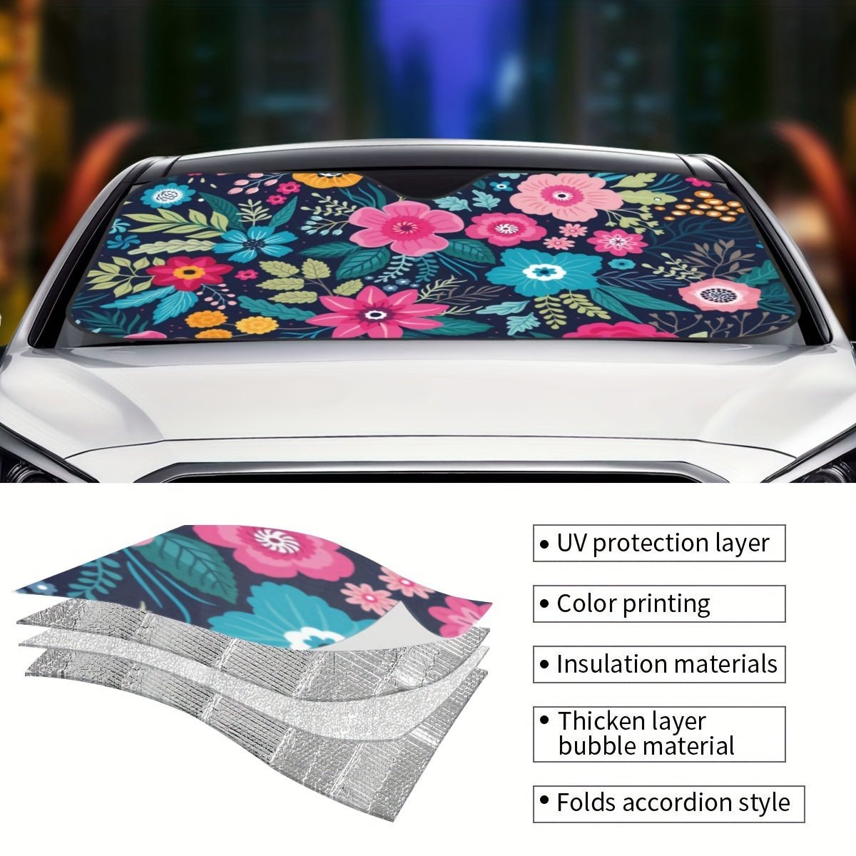 accessories - Beauty Pink Flowers Foldable Car Windshield Sun Shade - UV Protection Sunshade To Keep Interior Cool, Easy To Storage With Buckle + 4pcs Easy - Install Suction Cups For Car SUV Sedan Van Truck, Car Interior Accessories For Women - Boho Eco Boutique™ - accessories - Boho Eco Boutique™ - Beauty Flowers - 