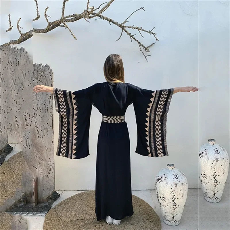 Black Embroidered Women’s kimono Tunic Summer Beach Dress Beach Wear Swim Suit Cover Up outfits - DN0855 / One Size