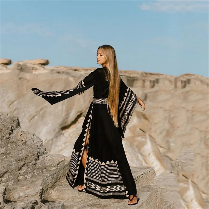 Black Embroidered Women’s kimono Tunic Summer Beach Dress Beach Wear Swim Suit Cover Up outfits - DN0855 / One Size