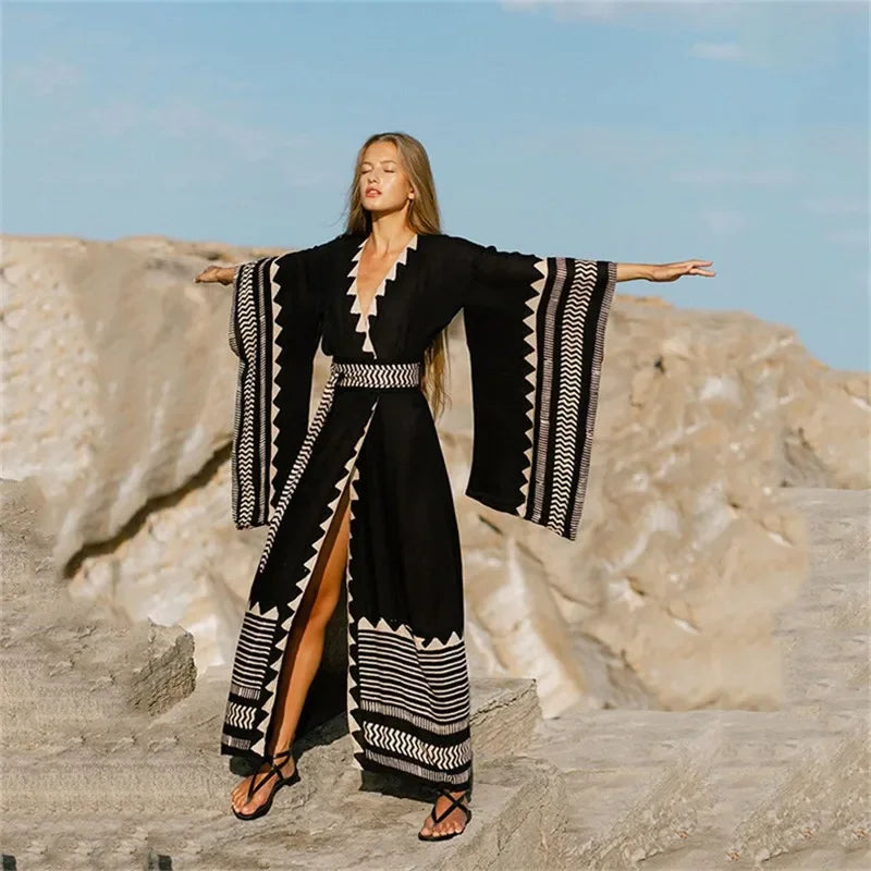 Black Embroidered Women’s kimono Tunic Summer Beach Dress Beach Wear Swim Suit Cover Up outfits - DN0855 / One Size