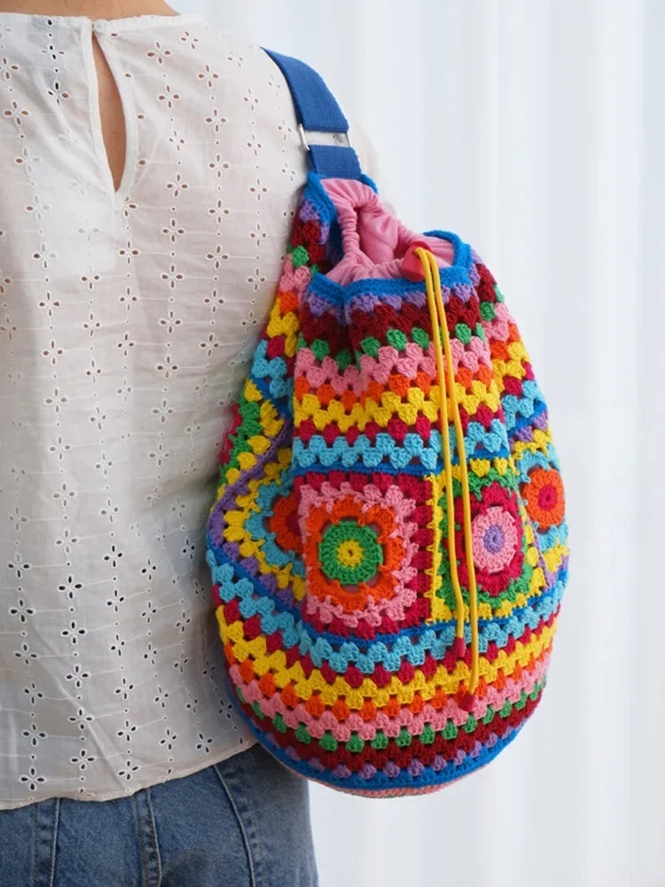 Bohemian Crochet Barrel Shaped Women Shoulder Bags Knitted Granny Square Backpacks Handmade Woven Handbag Casual Travel