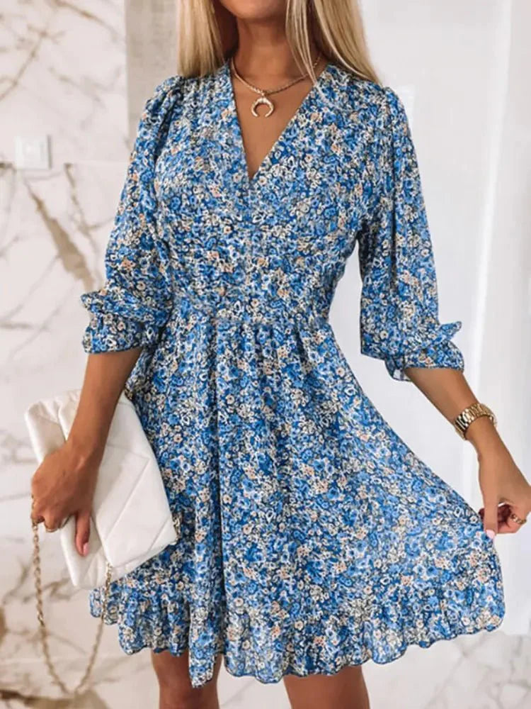 dress - Bohemian Floral Print Midi Dress - Boho Eco Boutique™ - dress - Boho Eco Boutique™ - Blue - Small - 