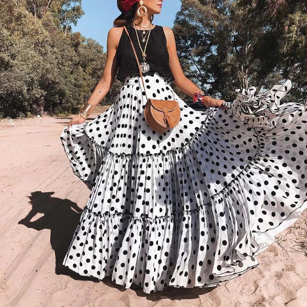 customized - Bohemian Maxi Skirts For Women High Waist Polka Dot Printed Skirt Loose Ruffled Long Pleated Skirts Elegant Female Streetwear - Boho Eco Boutique™ - customized - Boho Eco Boutique™ - Blue - S - United States