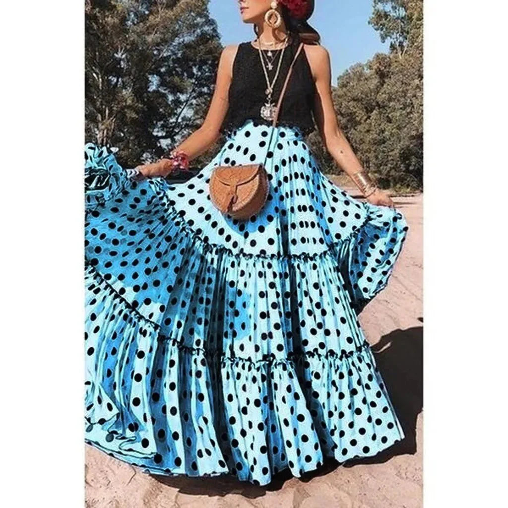 customized - Bohemian Maxi Skirts For Women High Waist Polka Dot Printed Skirt Loose Ruffled Long Pleated Skirts Elegant Female Streetwear - Boho Eco Boutique™ - customized - Boho Eco Boutique™ - Blue - S - United States