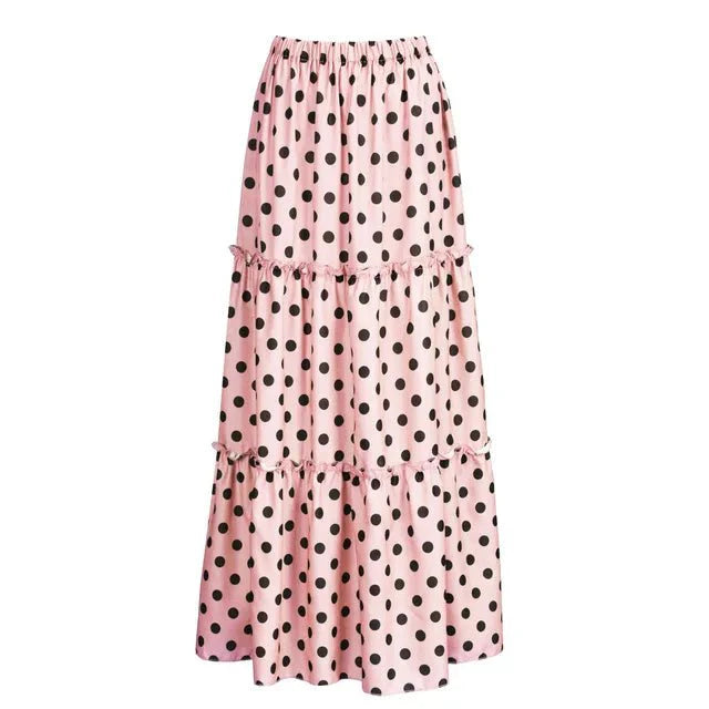 customized - Bohemian Maxi Skirts For Women High Waist Polka Dot Printed Skirt Loose Ruffled Long Pleated Skirts Elegant Female Streetwear - Boho Eco Boutique™ - customized - Boho Eco Boutique™ - Pink - S - United States